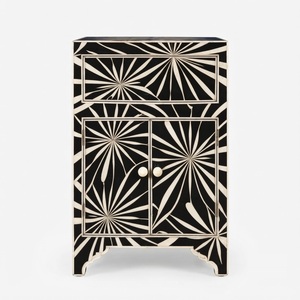 <b>Black</b> & White Sunburst Bone Inlay <b>Bedside</b> Table Handcrafted Geometric 1-<b>Drawer</b> 2-Door Bedroom Nightstand Wholesale Export Supply - Product Image 1