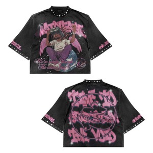 Women Acid Wash T Shirt 240 GSM Premium Cotton Black Graphic Rhinestone Studded Custom Print Oversized Fit Breathable - Product Image 5
