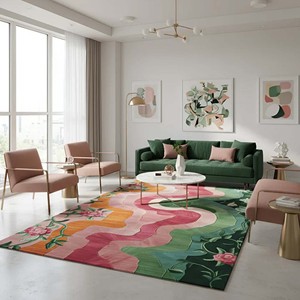 Tapis moderne abstrait à motifs floraux, tapis tufté à la main, tapis ondulé coloré pour salon, tapis doux pour chambre à coucher, style de décoration contemporain - Product Image 1