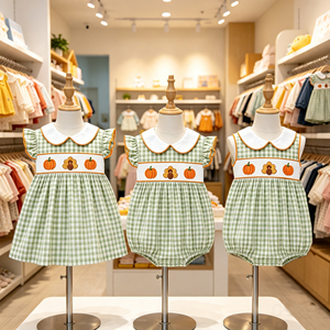 Smocked Thanksgiving Turkey Pumpkin Girls <b>Dress</b> <b>Green</b> <b>Gingham</b> - Product Image 4