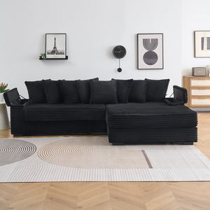 Divano Reclinabile in Velluto a Coste Nero da 283 cm con Portabicchieri, Bracciolo Sinistro/Destro Convertibile per Soggiorno, Funzione Contenitore Inclusa - Product Image 4