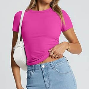 Camiseta negra de mezcla triple para mujer, top corto, camisetas de algodón de cuello redondo liso para mujer - Product Image 1