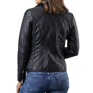 Women's Black PU Leather Moto <b>Jacket</b> Zipper Front <b>Slim</b> <b>Fit</b> Turn-down Collar Autumn Wear - Product Image 4