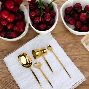 Gold Plated Serving Spoon Set <b>Mirror</b> Finish Long Handle Modern Luxury Metal Utensils Gift Ready - Product Image 3
