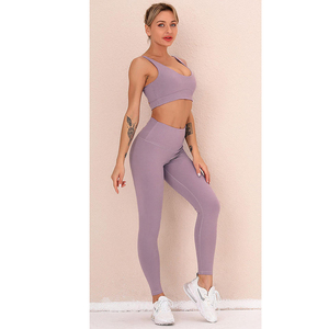 Women Yoga Set Sleeveless High Waist Seamless 2 Piece Solid Color Spandex <b>Polyester</b> Crop Top Full Length <b>Legging</b> for Gym Fitness - Product Image 1