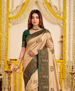 Elegante Saree de Seda Beige Verde con Estampado Tradicional, Largo hasta el Suelo, Protección Solar, para Bodas, para Mujeres, India, Pakistán, Moda AARA - Product Image 4