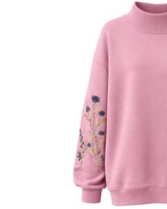 Sudadera de Forro Polar Rosa Personalizada para Mujer, Cuello Alto, Bordado Floral, Informal, Cálida para Invierno, Algodón y Poliéster, Corte Holgado - Product Image 3