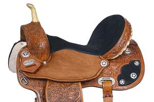 Selle de baril de cheval Western en cuir véritable brun fleuri 10 "-16" avec conchos argentés pour l'équitation - Product Image 2