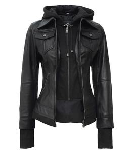 Chaqueta Bomber de Cuero Genuino para Mujer, con Capucha Desmontable, Negra, Corte Ajustado, Estilo Moto, Teñido Satinado, Impermeable, Resistente al Viento, Personalizable OEM, Venta al Por Mayor - Product Image 1