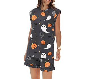 Conjunto de pantalones cortos sin mangas con estampado de dibujos animados de Halloween para mujer, conjunto informal holgado de dos piezas con cuello redondo y bolsillos - Product Image 5