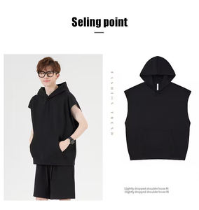 Sleeveless 275 GSM Knitted 100% Cotton Breathable Print Demand Oversized Plus Size Streetwear Hooded OEM Custom <b>Men</b> Short Sets - Product Image 5