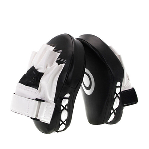 Unisex Black White Faux Leather Kick Boxing Focus Mitts <b>Velcro</b> Wrist <b>Strap</b> Fold Back Fingers Martial Arts Training Gear - Product Image 1