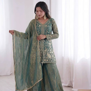 Designer <b>Green</b> <b>Silk</b> Kurti Salwar Set with Dupatta | Heavy Embroidery Party Ethnic Wear for Women - Product Image 1