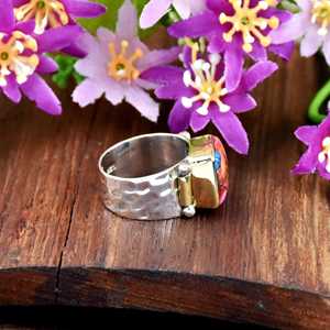 925 Sterling Silver Square Shape Pink Oyster <b>Turquoise</b> <b>Ring</b> Handmade Hammered Statement <b>Ring</b> Boho Chic Fine Jewelry for Women - Product Image 3