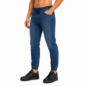 Wholesale <b>Men</b> Denim Jeans Elastic Waist Drawstring Cuffed Leg Soft <b>Stretch</b> Denim Jogger Trousers Washed Tone Denim Jeans - Product Image 5
