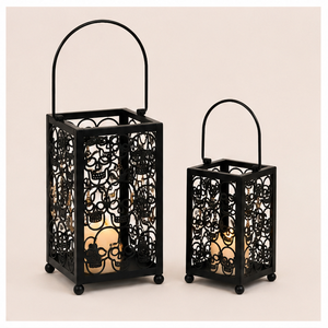 Halloween Decorative Skull <b>Lantern</b> Set Vintage Matte Black Metal Candle Holder with Ornate Cutout Design For Home Party Decor - Product Image 5