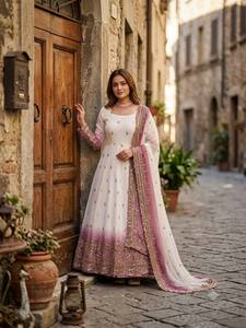 White Embroidered Anarkali <b>Suit</b> <b>Women</b> Floor-Length Traditional Indian Pakistani <b>Wedding</b> Dress with Dupatta Regular Fit - Product Image 2