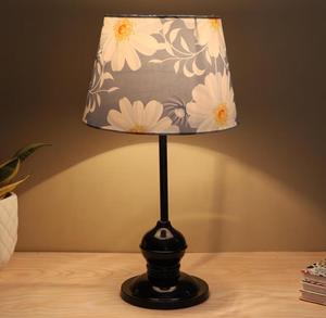 Traditional Blue Floral Fabric Drum Shade Table <b>Lamp</b> With Black Plastic Base <b>Warm</b> White Light For Bedroom Decorative Lighting - Product Image 2