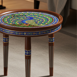 Mesa de Centro de Madera Minakari Hecha a Mano de Lujo, Taburete con Estampado de Pavo Real Azul Vibrante, Mesa Trípode con Patas de Madera Maciza Premium - Product Image 2