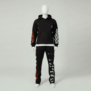 Conjunto Deportivo Unisex Negro con Capucha, Transpirable, 2 en 1, Estampado a Cuadros con Llamas, Sudadera de Algodón y Pantalones Jogger, Ropa de Otoño - Product Image 2