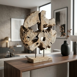 Moon Stand Handcrafted <b>Wooden</b> Disc Sculpture <b>Rustic</b> Organic Tabletop Decorative Artwork Metal Stand Home Decor Display Accent - Product Image 2