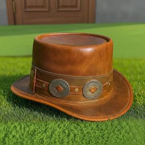 Diseña tu propio sombrero de cuero marrón hecho a mano, unisex, estilo Steampunk, tipo vaquero, con conchos plateados. - Product Image 5