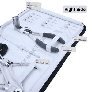 Kit professionnel de pinces pour extensions de cheveux blancs, comprenant un outil de retrait de micro-perles, une pince à sertir, un applicateur de bandes adhésives, un coupe-adhésif et un crochet. - Product Image 4