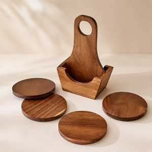 Acacia Wood Tea <b>Coaster</b> Set with Holder – Round Rustic Wooden <b>Drink</b> <b>Coasters</b> – Eco-Friendly Handmade Tableware - Product Image 1