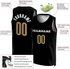 เสื้อบาสเก็ตบอลสีดำทองแบบกำหนดเอง แขนสั้น แห้งเร็ว ผ้าตาข่าย ชุดกีฬาทีม พิมพ์ชื่อและหมายเลข ผ้าฝ้าย 100% - Product Image 5