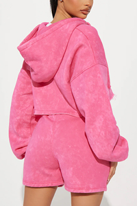 Pink Winter Printed Rhinestone Acid Wash Sunfade Breathable Women's Hoodie Shorts Set 100% Cotton <b>Distressed</b> Ripped Croptop - Product Image 4