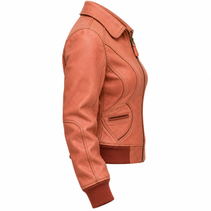 Chaqueta Bomber de Cuero Auténtico para Mujer, Color Durazno, con Bolsillos Personalizados OEM, Cintura Acanalada, Abrigo Informal para Dama - Product Image 3