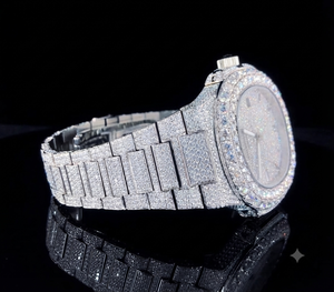 Montre de luxe pour homme sertie de diamants, mouvement à quartz, cadran analogique en cristal saphir 41 mm, bracelet en acier inoxydable, fermoir caché, usage quotidien, mouvement ETA - Product Image 2
