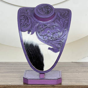 Rustic Hand Tooled Cowhide Leather <b>Jewelry</b> <b>Display</b> Stand with Leather Floral Design for Necklace Presentation Accessories - Product Image 3