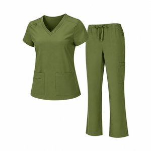 <b>Olive</b> <b>Green</b> Medical Scrub Set <b>Womens</b> V Neck Short Sleeve Pocket Top Drawstring <b>Trousers</b> Nursing Uniform Hospital Clinic Apparel - Product Image 1