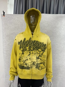 Unisex Graphic <b>Yellow</b> Zip Up <b>Hoodie</b> With Distressed Details Kangaroo Pocket Relaxed Fit Custom Label Wholesale OEM Export - Product Image 1