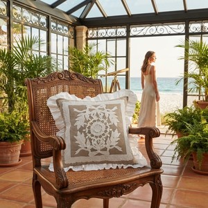 Classic Vintage Ribbon Bow Embroidered Cotton Cushion Cover White Ruffle Trim Decorative Throw Pillowcase for <b>Sofa</b> <b>Bed</b> - Product Image 3