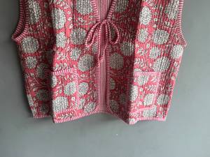 Gilet matelassé en coton à motif floral pour femme, col en V, sans manches, à nouer, veste d'été XL, imprimé rose et blanc, CADEAU POUR ELLE - Product Image 5