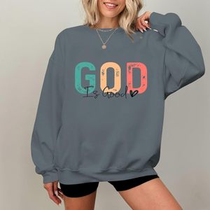 เสื้อสเวตเชิ้ตคอกลมโอเวอร์ไซส์สำหรับผู้หญิง พิมพ์ลายตัวอักษร God Is Good ผ้าคอตตอนผสม ทรงหลวม ไหล่ตก แขนยาว เหมาะสำหรับใส่ในฤดูใบไม้ร่วง - Product Image 5