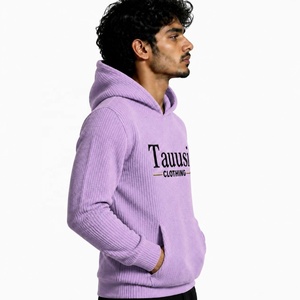 Sudadera con capucha de punto acanalado morado para hombre, de la mejor calidad, hecha a medida, con logo frontal y bolsillos, suéter de punto para otoño. - Product Image 3