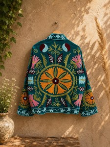 Unique Short Teal <b>Velvet</b> Floral Embroidered <b>Jacket</b> Suzani Inspired Artisan Outerwear <b>Women</b> Crewel Festival Special Gift For Her - Product Image 4