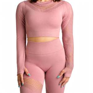 Women's <b>Pink</b> Two-Piece Yoga Set Stand Neck Asymmetric Custom OEM Design High Elastic Waist Closure Seamless Breathable - Product Image 5