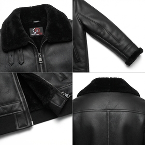 Veste d'hiver unisexe en cuir noir doublée de fourrure, fermeture éclair sur le devant, col rabattable, ourlet réglable avec boucles - Product Image 4
