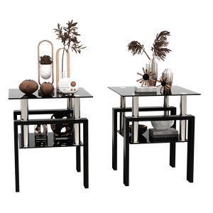 Set Moderno di 2 Tavolini da Caffè/Tè in Vetro Temperato, Tavolini Quadrati Neri per Soggiorno - Product Image 1
