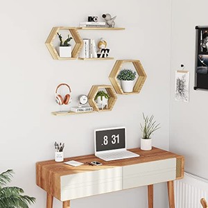 Teak Wood Floating <b>Shelf</b> Honey Gold <b>Hexagon</b> Curved Edge Wholesale - Product Image 2