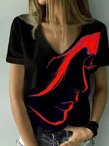 Women's 2026 Breathable Loose <b>Fit</b> Spandex <b>V</b>-Neck Short Sleeve T-shirt Hot Selling Casual Top for Summer Spring Portrait Pattern - Product Image 2