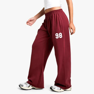 Pantalones deportivos de pierna recta para mujer, talla pequeña, color burdeos, con eslogan, de felpa suave, 100% algodón, con cordón de ajuste, ideales para invierno, de gran demanda. - Product Image 1