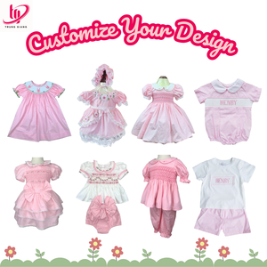 Robes pour filles fabriquées au Vietnam, vêtements pour enfants smockés, style princesse, fleurs roses, manches courtes, smockage à la main. - Product Image 5