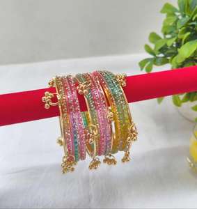 Colorful Stylish Vibrant Silver Plated Trendy Geometric <b>Glass</b> Imitation Pearl Women's Customizable <b>Bangles</b> Churiyan Set Wedding - Product Image 3