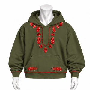 Sweat-shirt à capuche vert olive Indus brodé, motif floral, poche kangourou, coupe oversize, style streetwear décontracté, hiver - Product Image 1
