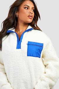 Pull en molleton blanc pour femme avec fermeture éclair quart de tour, poche contrastante bleue et logo brodé – Haut décontracté d'hiver pour femme – Sweats à capuche pour femme - Product Image 3